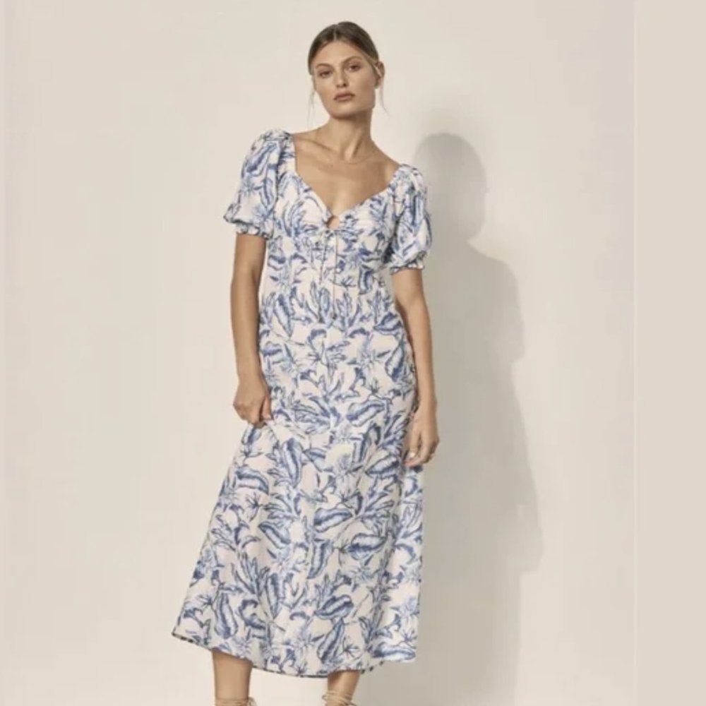 Kivari Solange Keyhole Maxi Blue Botanical Floral Printed Summer Dress